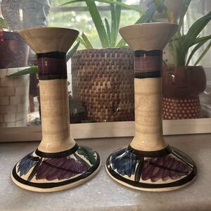 Vintage Pair of Gayle Pittman candlesticks. Purple, maroon, ivory and black 6.5”